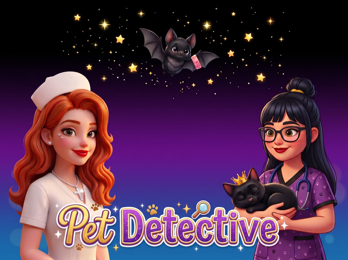 Pet Detective: Nurse Tina and Janette under the stars, Princess Mindy asleep in Janette's arms and Precious the bat flying above