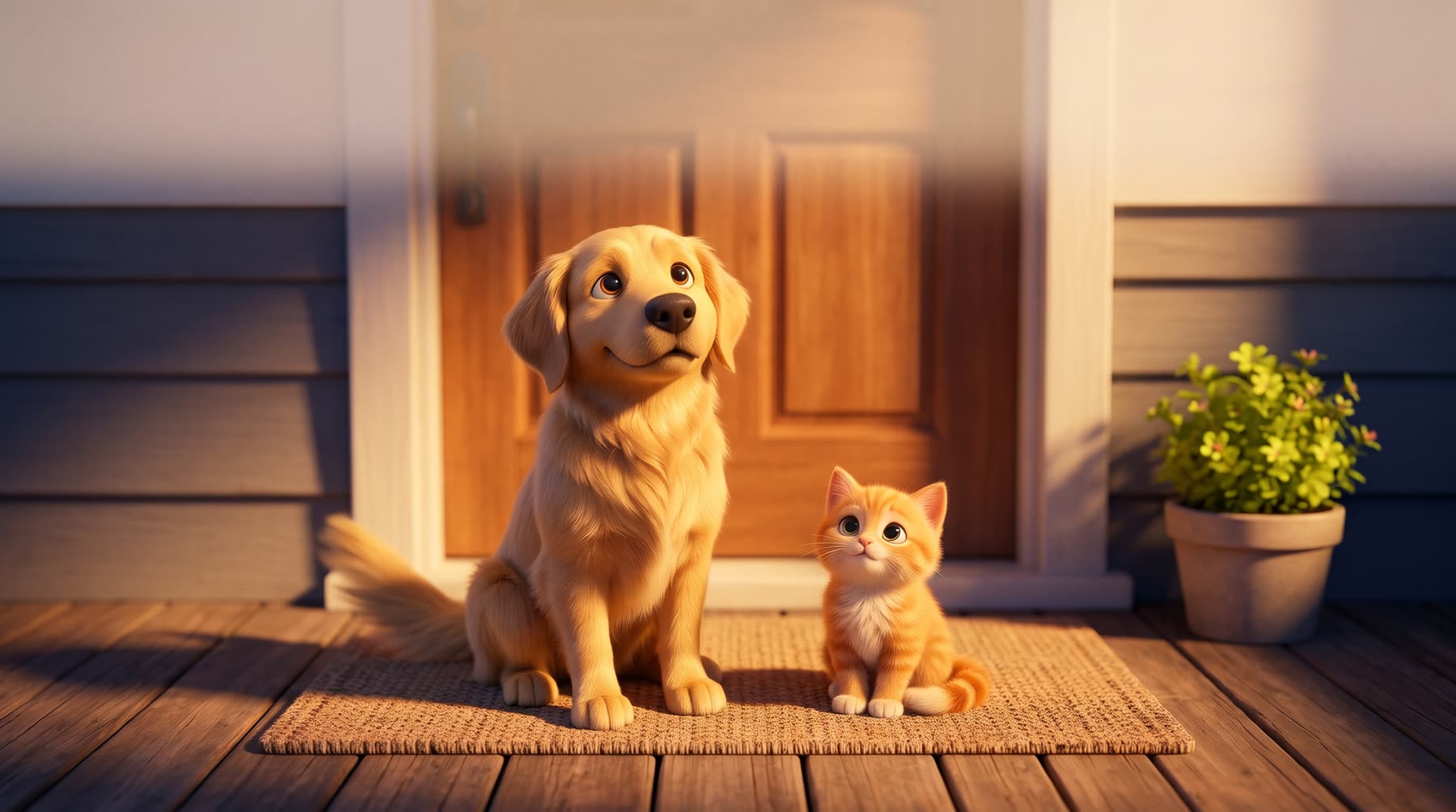Sunny and the orange kitten sitting side by side on the front porch mat, looking up and waiting