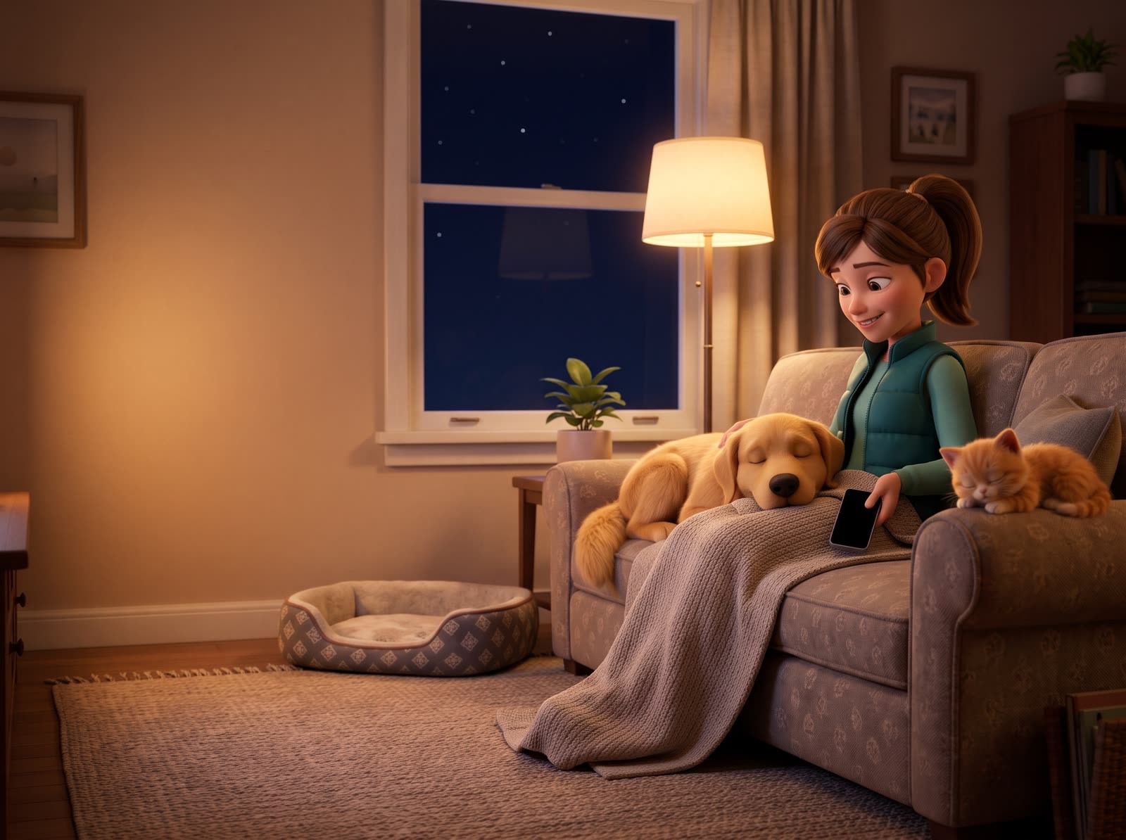 The trainer relaxing on her couch at night with a blanket, Sunny asleep with his head on her lap and the orange kitten napping on the armrest, her phone dark in her hand