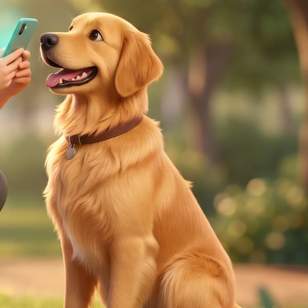 Sunny, a golden retriever sitting on the grass with his tongue out