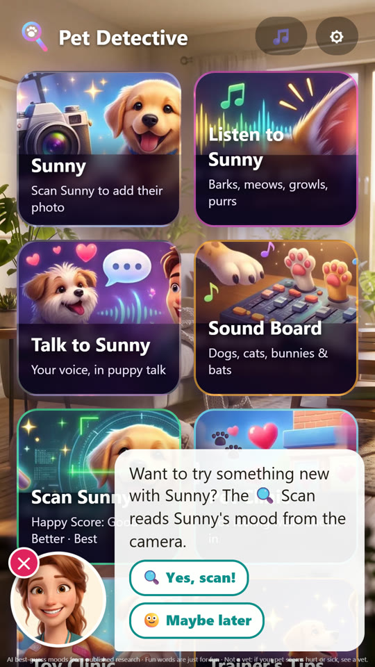 The home screen: Scan, Listen, Talk to your pet, the Sound Board and the Pet Clinic