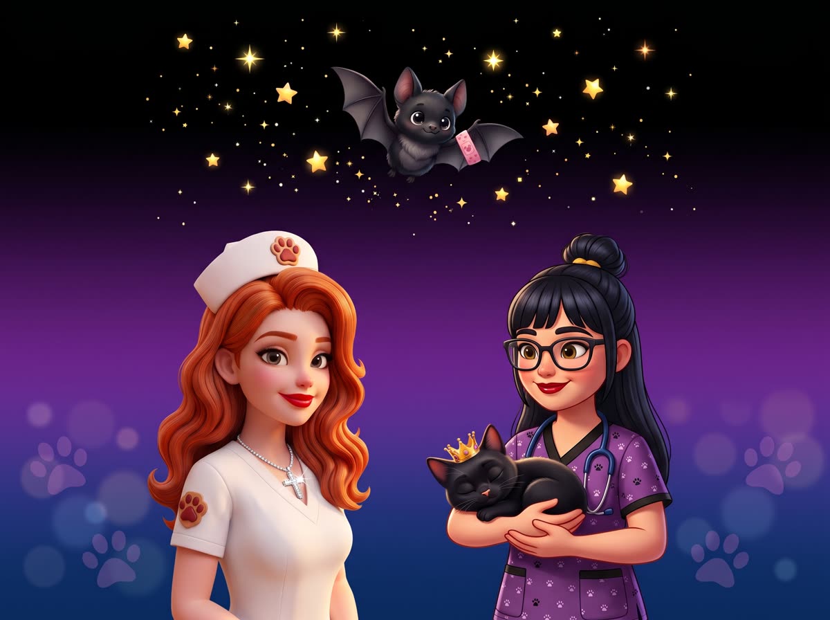 Nurse Tina and Janette smiling, Janette holding Princess Mindy, while Precious the bat flies past with a bandage on her wing