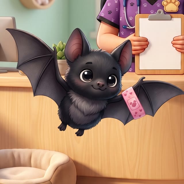 Precious, a baby bat with a pink heart bandage on her wing