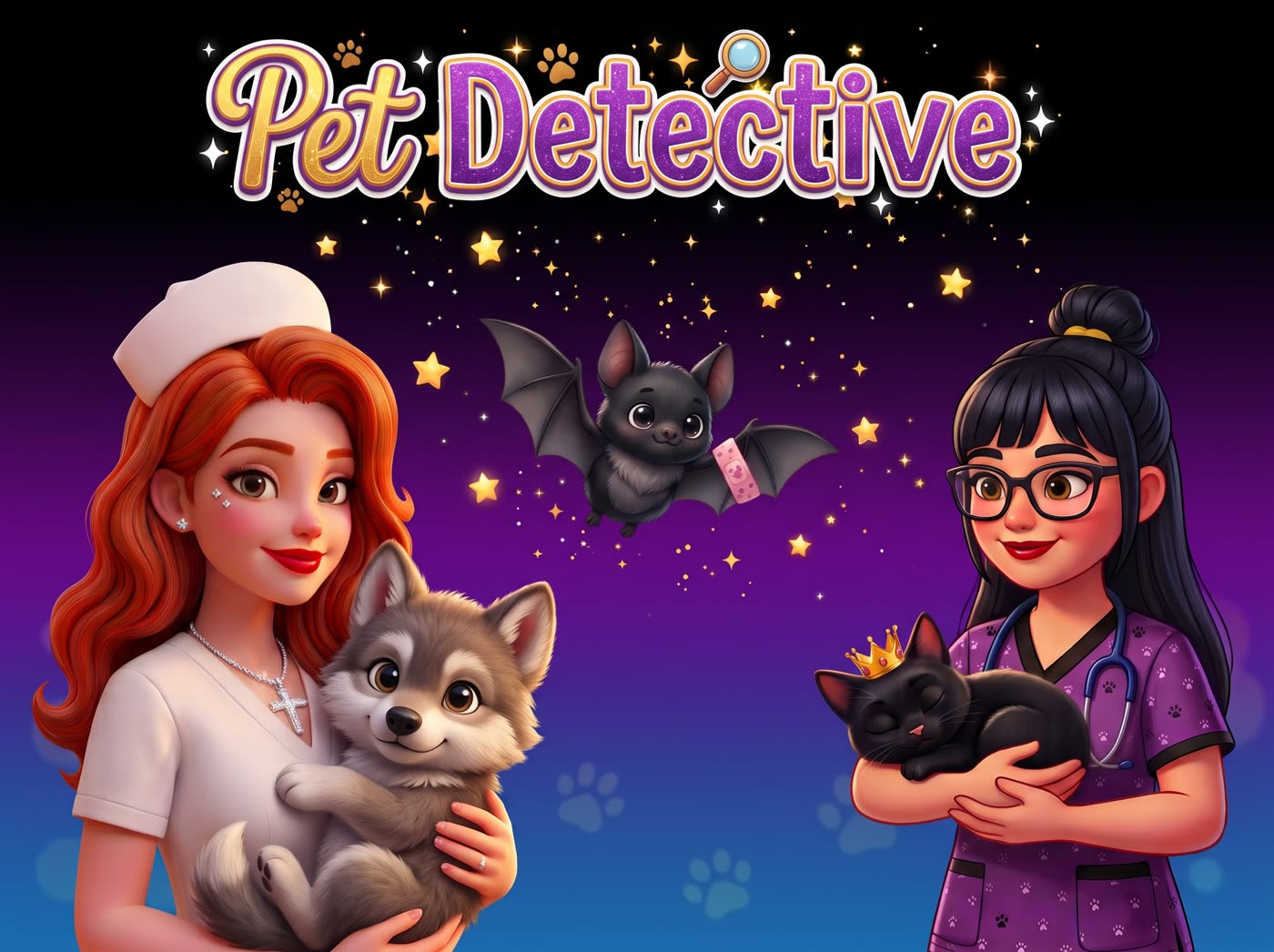 The colored poster: Nurse Tina with a baby wolf, Janette with Princess Mindy and Precious the bat under the stars