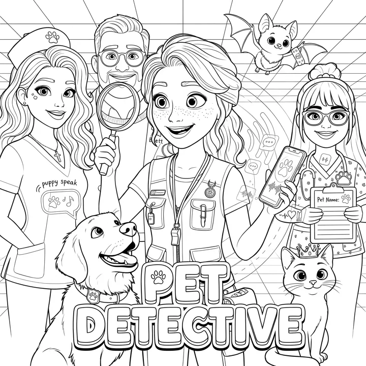 Coloring page: the whole Pet Detective team with the dog, Princess Mindy and Precious