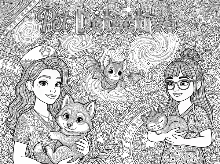 PRO coloring page: Nurse Tina, Janette, the baby wolf, Princess Mindy and Precious in a giant mandala