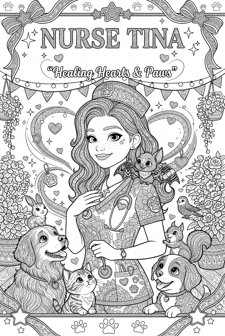 PRO coloring page: Nurse Tina, Healing Hearts and Paws, with tiny patterns in everything