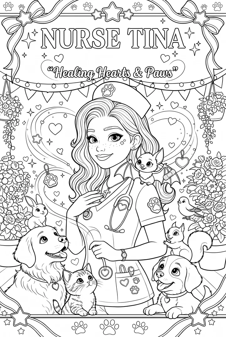 Coloring page: Nurse Tina, Healing Hearts and Paws, with Precious on her shoulder, puppies, a kitten, a bunny, a squirrel and a bird